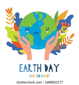 World Earth day concept.Cartoon Earth globe postcard. Earth day on white background.