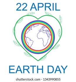 World earth day concept,contour of the globe with a rainbow around,framed from a heart with leaves,on a white background.Vector illustration.