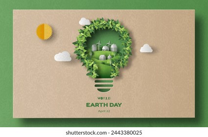 Día Mundial de la Tierra, diseño para un banner ecológico, una forma de bombilla de luz con ciudad y jardín, salvar el planeta y el concepto de energía, ilustración de papel y papel 3d.