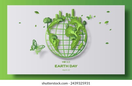 World Earth Day, eco city and world filled with green leaves, paper illustration, and 3d paper.