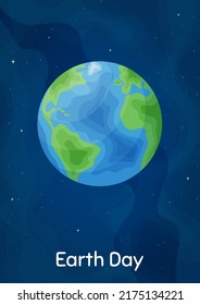 World Earth Day ecology protection poster. Vertical starry blue background with cartoon style planet Earth. Environment concept banner, saving ecology and global recycling program concept