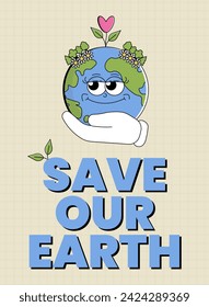World Earth day or World Environment Day card. Retro Earth character cartoon groovy style. Funky globe poster with psychedelic smile face. Vector illustration
