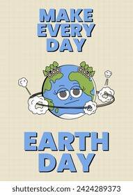 World Earth day or World Environment Day card. Retro Earth character cartoon groovy style. Funky globe poster with psychedelic smile face. Vector illustration
