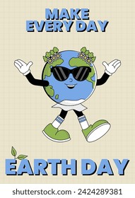 World Earth day or World Environment Day card. Retro Earth character cartoon groovy style. Funky globe poster with psychedelic smile face. Vector illustration
