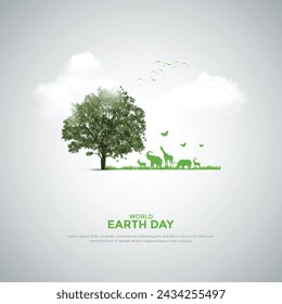 World earth day and environment day concept with plant growing concept birds, clouds and lens. modern and creative post, banner, greeting card. vector illustration.