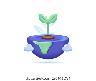 world earth day or world environment day concept. care for the health and sustainability of the earth's nature. illustration of a planet earth with plants and clouds. minimalist 3d style design
