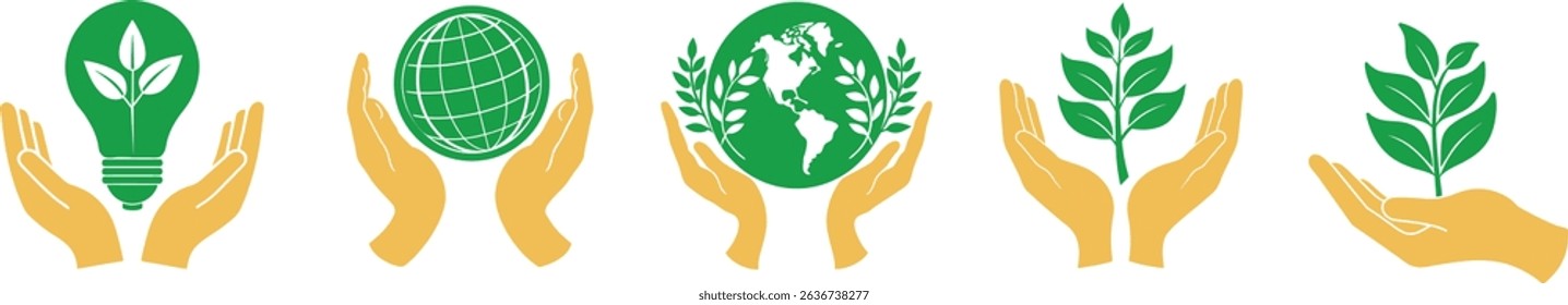 World Earth Day, Environment Day concept vector illustration set, hand holding earth, plant and eco-friendly bulb