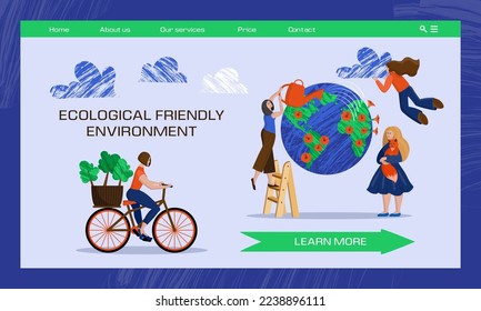 World Earth Day. Environment landing. Planet ecology. Website design. People care of nature. Women planting trees and watering flowers. Eco globe protect. Vector current illustration