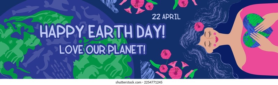 World Earth Day. Environment protect. Ecology recycle horizontal banner. Save forest and ocean. International holiday. Environmental conservation. Vector doodle current illustration