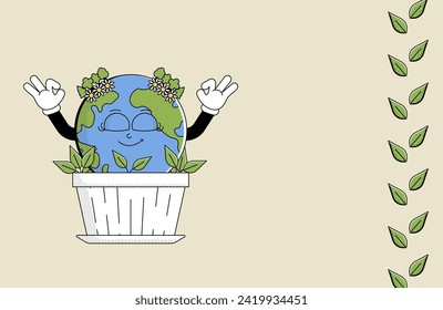 World Earth Day, Environment Day. Vintage horizontal banner with cartoon character of earth. Ecology concept poster, card, background. Free space. Vector illustration