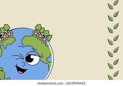 World Earth Day, Environment Day. Vintage horizontal banner with cartoon character of earth. Ecology concept poster, card, background. Free space. Vector illustration