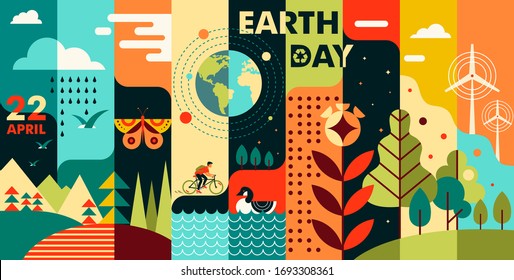 Día Mundial de la Tierra. Ilustración de estilo plano que representa la naturaleza. Fondo del vector