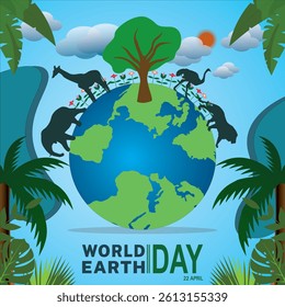 World earth day with global, world map, tree, flowers, cloud, animals, with sky blue background
