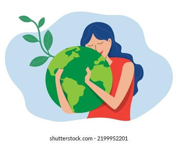 World Earth Day green eco energy , Young  woman embracing the planet Earth with World Earth Day and Save the Planet concept of conservation, protection and reasonable consumption of natural resources.