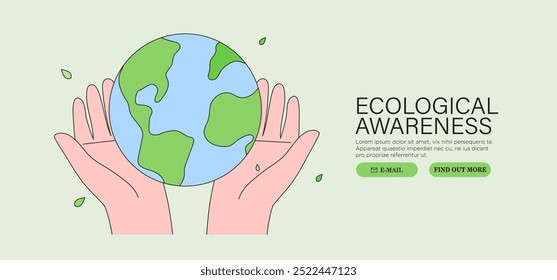 Día Mundial de la Tierra. Concepto de Anuncio de energía verde, ASG, ambiental, social y de gobernanza corporativa. Recursos renovables y sostenibles. Cuidado ambiental y ecológico. Mano abraza el globo con hojas.