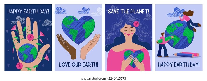 World Earth Day. Green planet. Environment conservation. Ecology protection. Globe map. Eco energy and save nature poster. International holiday card design. Vector current banners set