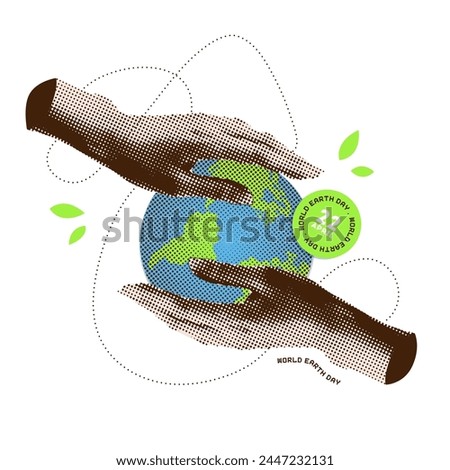 World Earth day halftone collage. Trendy vintage mixed art with halftone hands supporting earth. Concept of protection the Earth with human hands. 22 april. Vector design.
