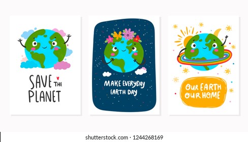 World Earth day. Hand drawn cute planet Earth in various conditions. Colored vector set of three motivational postcards. Every card is isolated