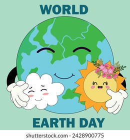 World Earth Day. Happy groovy globe character with Sun and Cloud. Global world saving posters, ecology and environment care, cute girl hugs planet. Ecology concept of protecting nature