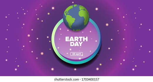 World earth day horizontal banner with earth globe isolated on violet space background with stars. Vector World earth day concept horizontal illustration with planet isolated on black background