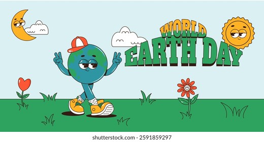 World Earth day horizontal banner. Retro groovy Earth planet walking character, sun, moon, clouds, flowers. Vector illustration
