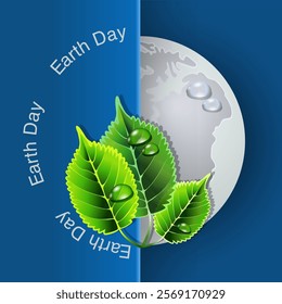 World Earth Day with an image of the globe with green leaves and water drops vector