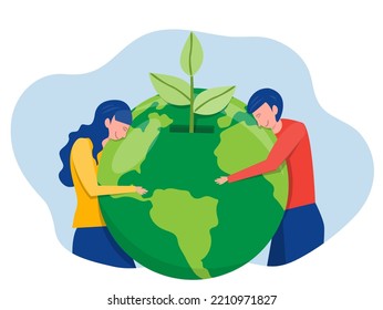 World Earth Day  Nature lover, ecology friendly lifestyle , girl and boy embracing the planet Earth with green eco energy environmental protection Concept , Flat vector illustration.