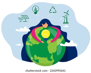 World Earth Day  Nature lover, ecology friendly lifestyle , girl embracing the planet Earth with green eco energy environmental protection Concept , Flat vector illustration.