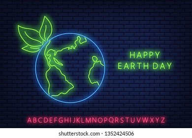 World Earth Day, neon sign of the globe logo, changeable greeting text on a dark brick wall of glowing letters. Vector illustration EPS 10.