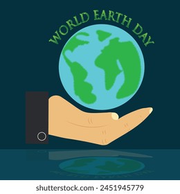 World Earth Day with Earth on the hand environment conservation concept on grey reflection background. Save the green planet concept in realistic style with earth map Editable vector EPS available