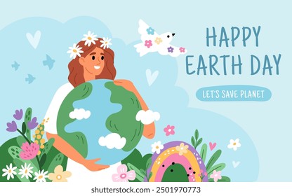 World Earth Day poster. Beautiful woman holds globe. Cute girl hugs planet. Blooming nature. Ecology protection. Environment conservation. Eco friendly. Garish vector