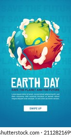 World Earth day poster. Concept of save planet environment, nature care. Vector social media banner of ecology conservation with cartoon illustration of blue and green Earth globe with dry part