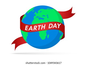 World Earth Day poster with globe and ribbon in flat design. Vector illustration. Earth globe with red ribbon, ecology concept