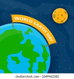 World Earth Day poster with Earth globe and ribbon in outer space. Vector illustration. Earth globe with festive ribbon and moon, ecology concept