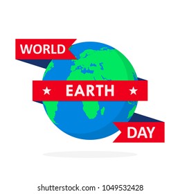 World Earth Day poster with globe and ribbon in flat design. Vector illustration. Earth globe with red ribbon, ecology concept