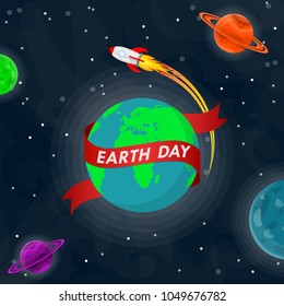 World Earth Day poster with Earth globe and rocket in outer space in flat design. Vector illustration. Earth globe with red ribbon, ecology concept
