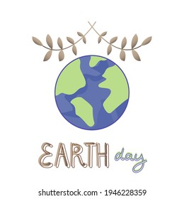 Weltwelttag-Poster.  Globe, dekorative Zweige und Text einzeln auf weißem Hintergrund. Cartoon-Flavektor-Vektorgrafik