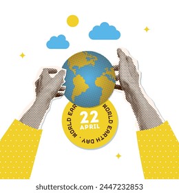 World Earth day poster. Hands holding planet. Piece of paper torn from a notepad. Person holding a globe, showcasing Earths diverse ecosystems and organisms. Vector illustration.