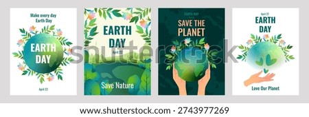 World Earth Day poster templates. Concept of ecology and environmental protection. Planet, nature, green plants, text Save the planet, Love our Earth, Save nature.
