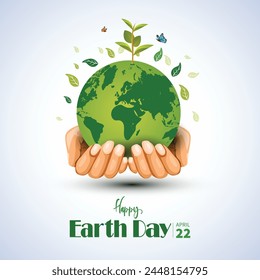 world Earth day poster. two hands holding and green plant and globe. abstract vector illustration design.