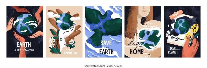 World Earth day, posters set. Environment and nature care, eco green globe planet and global ecology protection, vertical placard backgrounds. Sustainable concept cards. Flat vector illustrations.