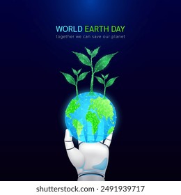 Welttag der Erde. Roboter Hand hält Planet Erde, die grüne Sämlinge drei Bäume sprießen wachsen. In: Environmental Protection and Nature Care Ecology. Vektorgrafik EPS10.
