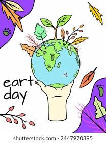 World earth day and save the earth, illustration of an earth globe planted with plants and a hand