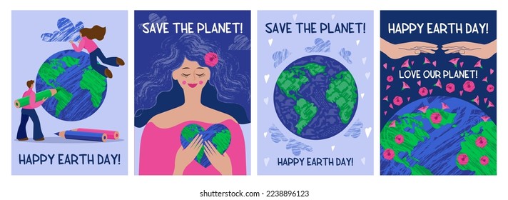 Día Mundial de la Tierra. Salvemos el planeta y el medio ambiente. Afiches ambientales puestos. Niños dibujando globo. Ecología y conservación de la naturaleza. Tarjetas de vacaciones internacionales. Concepto actual de ilustración de vector