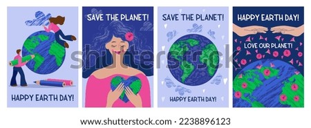 World Earth Day. Save planet and eco. Environment posters set. Children drawing globe. Ecology and nature conservation. International holiday cards. Vector illustration current concept