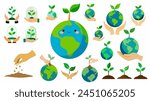 World earth day symbol set. Earth day eco organic concept bundle. Earth day emoji smiley. Happy planet, green sprout. Earth day globe logo. Human hand sow seeds nature care arm on white background.