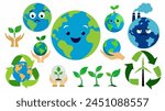 World earth day symbol set. Earth day eco organic concept bundle. Earth day emoji smiley. Happy planet, green sprout. Sad planet bad ecology. Earth day recycle globe logo, white background.
