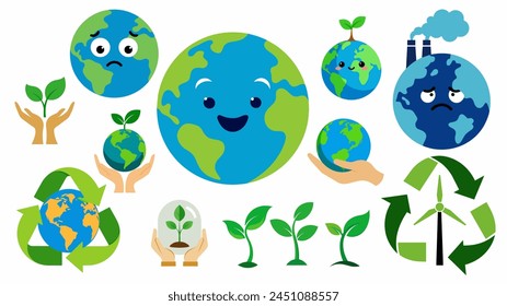 Welttag der Erde Symbolsatz. In: Earth Day Eco Organic Concept Paket. In: Earth Day Emoji Smiley. Glücklicher Planet, grüner Spross. Trauriger Planet, schlechte Ökologie. Earth Day Recycling Globus Logo, weißer Hintergrund.