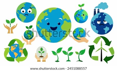 World earth day symbol set. Earth day eco organic concept bundle. Earth day emoji smiley. Happy planet, green sprout. Sad planet bad ecology. Earth day recycle globe logo, white background.