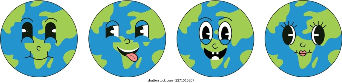 World Earth Day. Trendy retro characters in the form of planet earth with funny faces